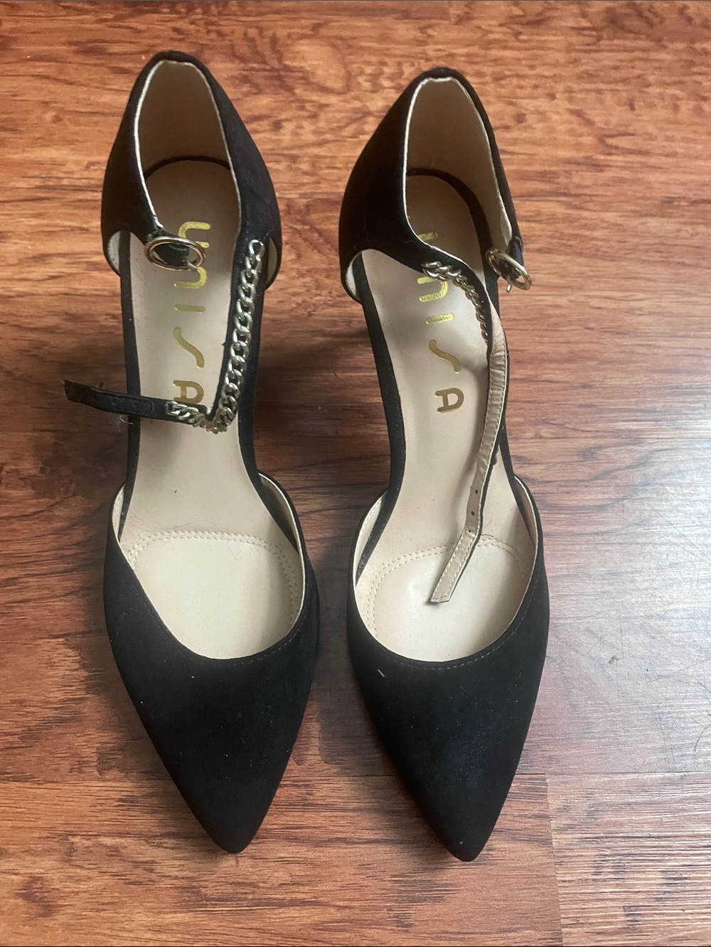 Unisa Black Pointed Toe Ankle-Strap Pumps with Gold Chain